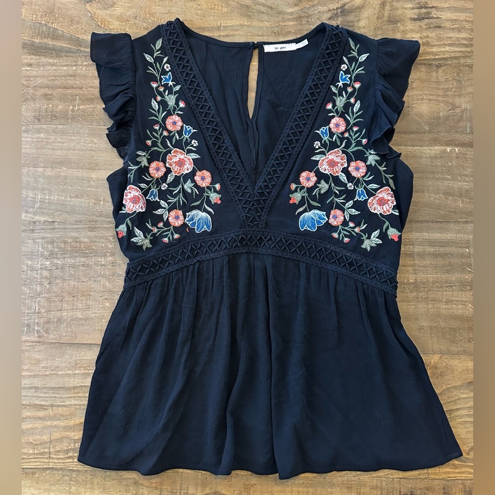 Mi Ami Embroidered Black Peasant Top